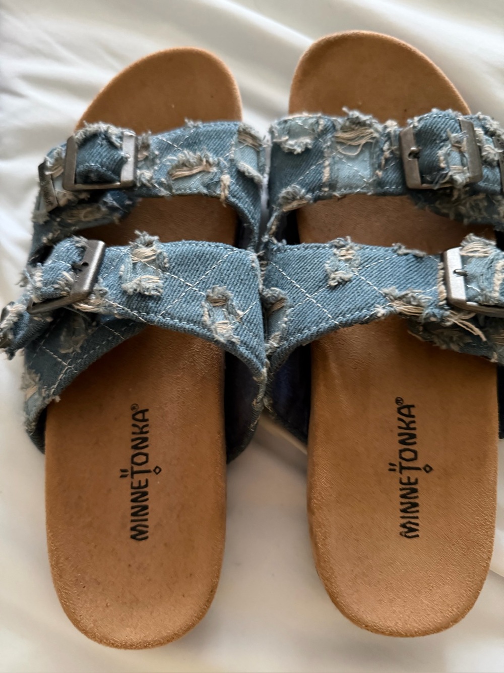 New Minnetonka Women's Distressed Denim Double-Buckle Slide Sandals - Blue